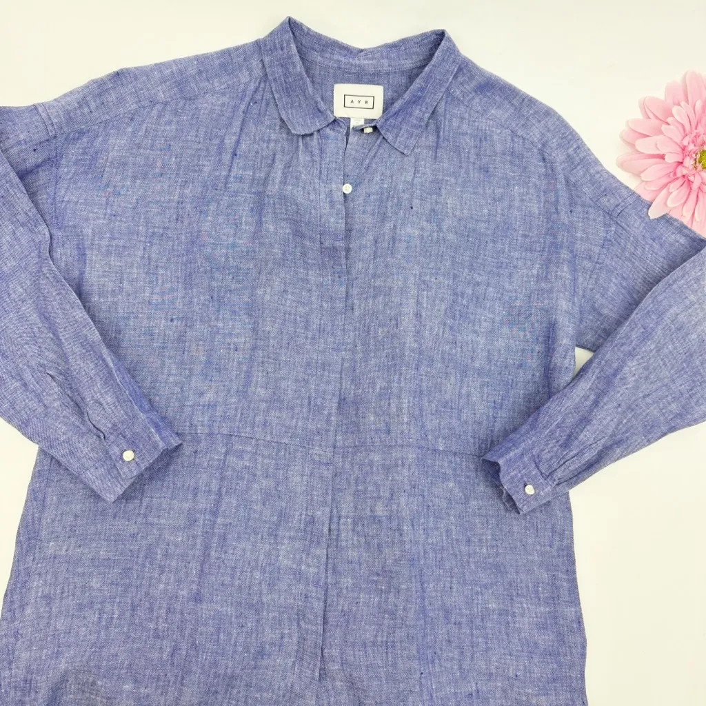 AYR The Coastline Linen Button Down Tunic Top Indigo Blue Coastal Lagenlook - Image 5