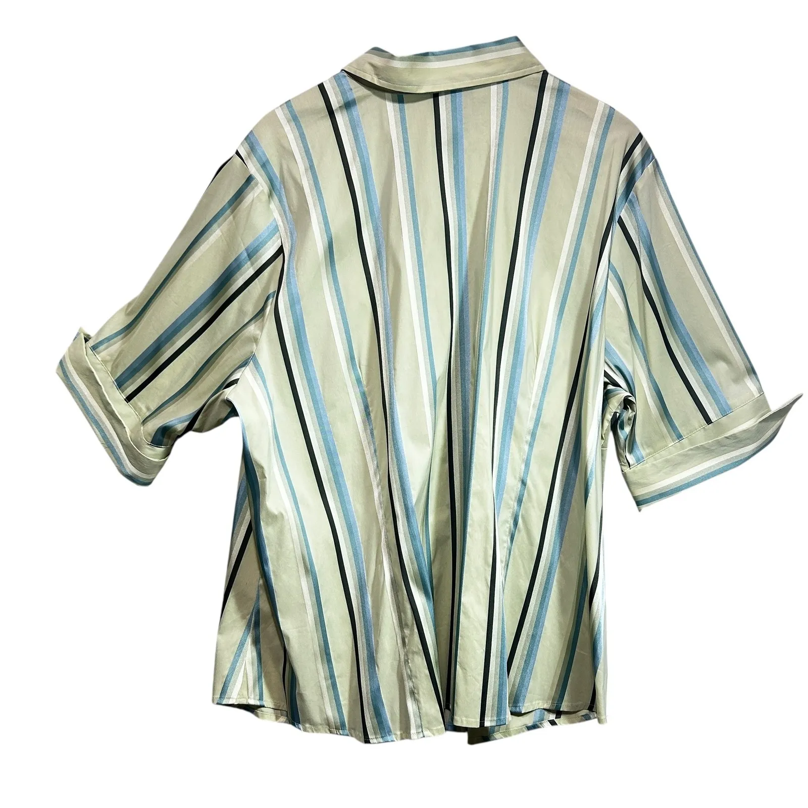 Lane Bryant Women Button Top 26/28 Green Blue Stripe Relaxed Fit Stretch Comfort - Image 2