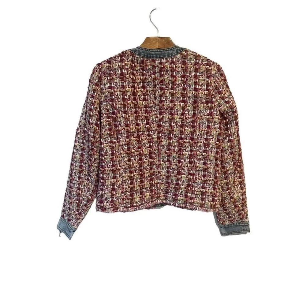 Ecru  Tweed With Denim Jacket Beetroot Womens Small Knit Button Up Structured NEW - Image 12