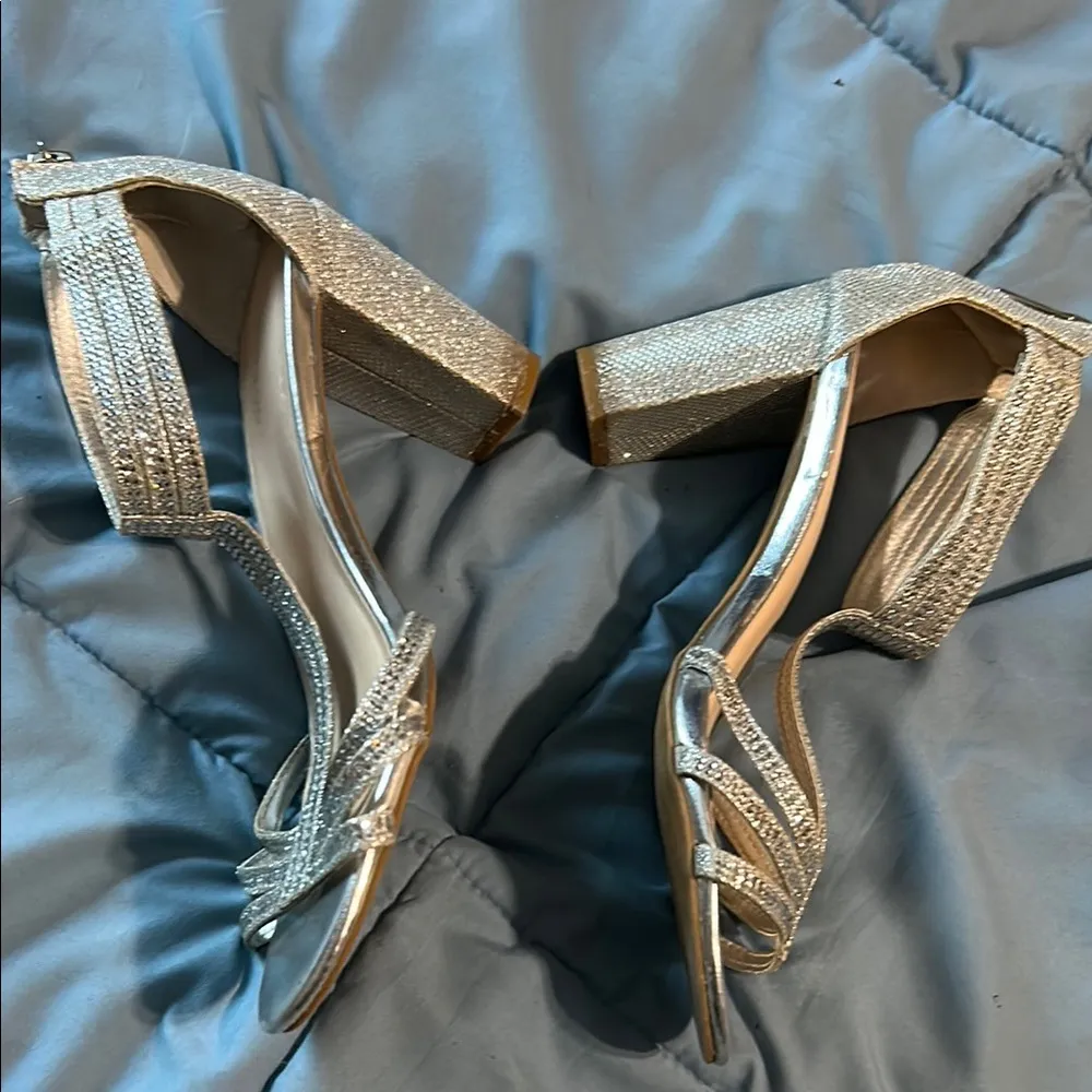 Bamboo Silver Strappy Heels with Medium Tapered Heel - Image 2