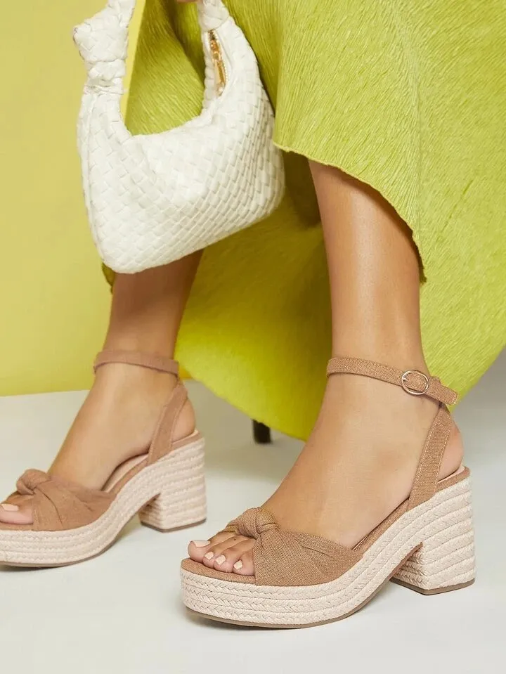 Women Knot Decor Chunky PLatform Ankle Strap Wedge Sandals 9 - Image 2
