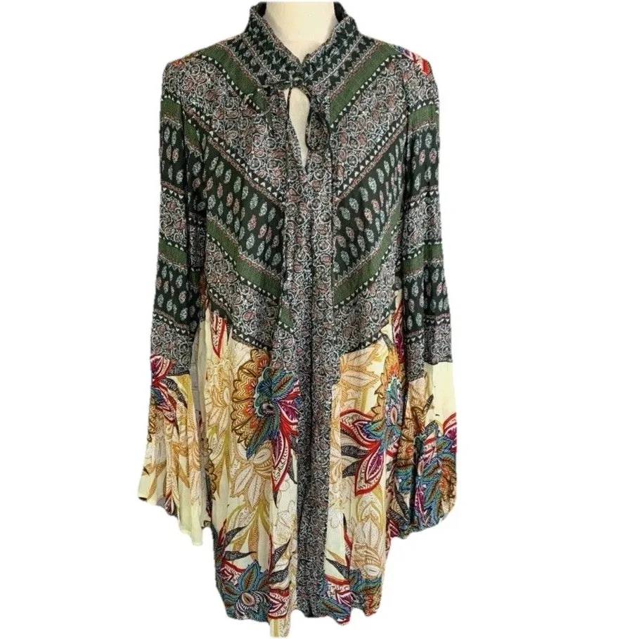 Boho Tunic‎ Dress Floral Paisley Print Long Sleeve Keyhole Neck Flowy - Image 3