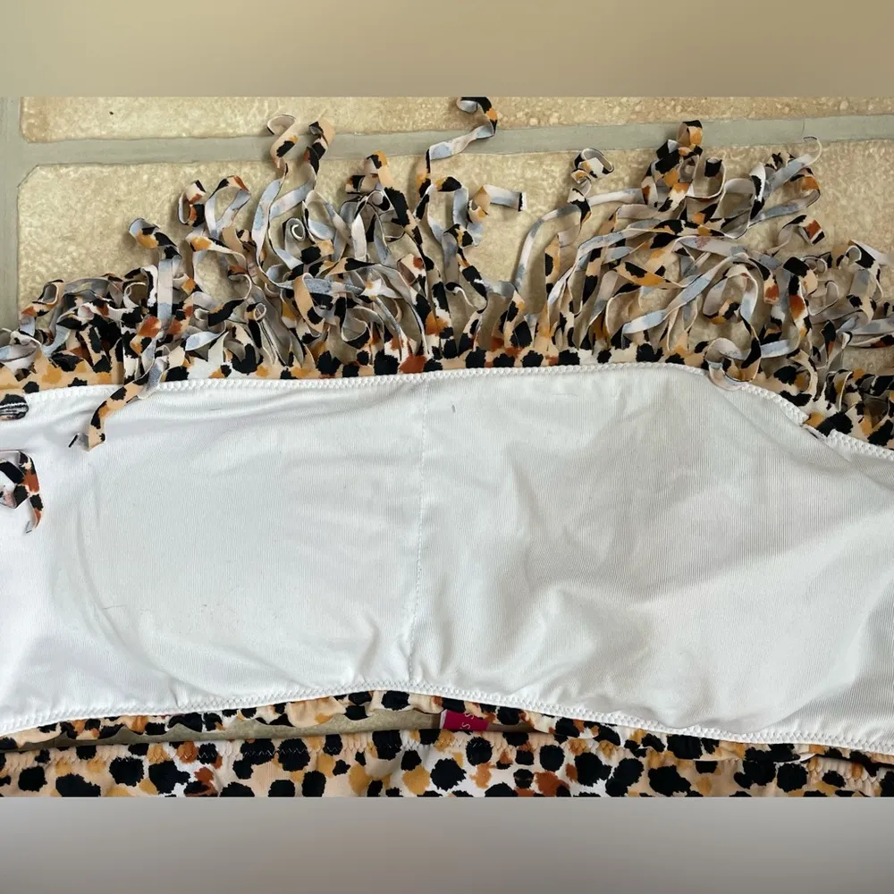 Victoria Secret brown/white/black animal print strapless bikini with fringe; L - Image 5