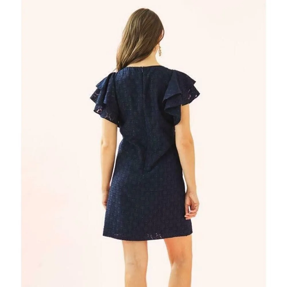 Lilly Pulitzer True Navy Tanzanian Flounce Sleeve Sheath Dress Size 00‎ - Image 2