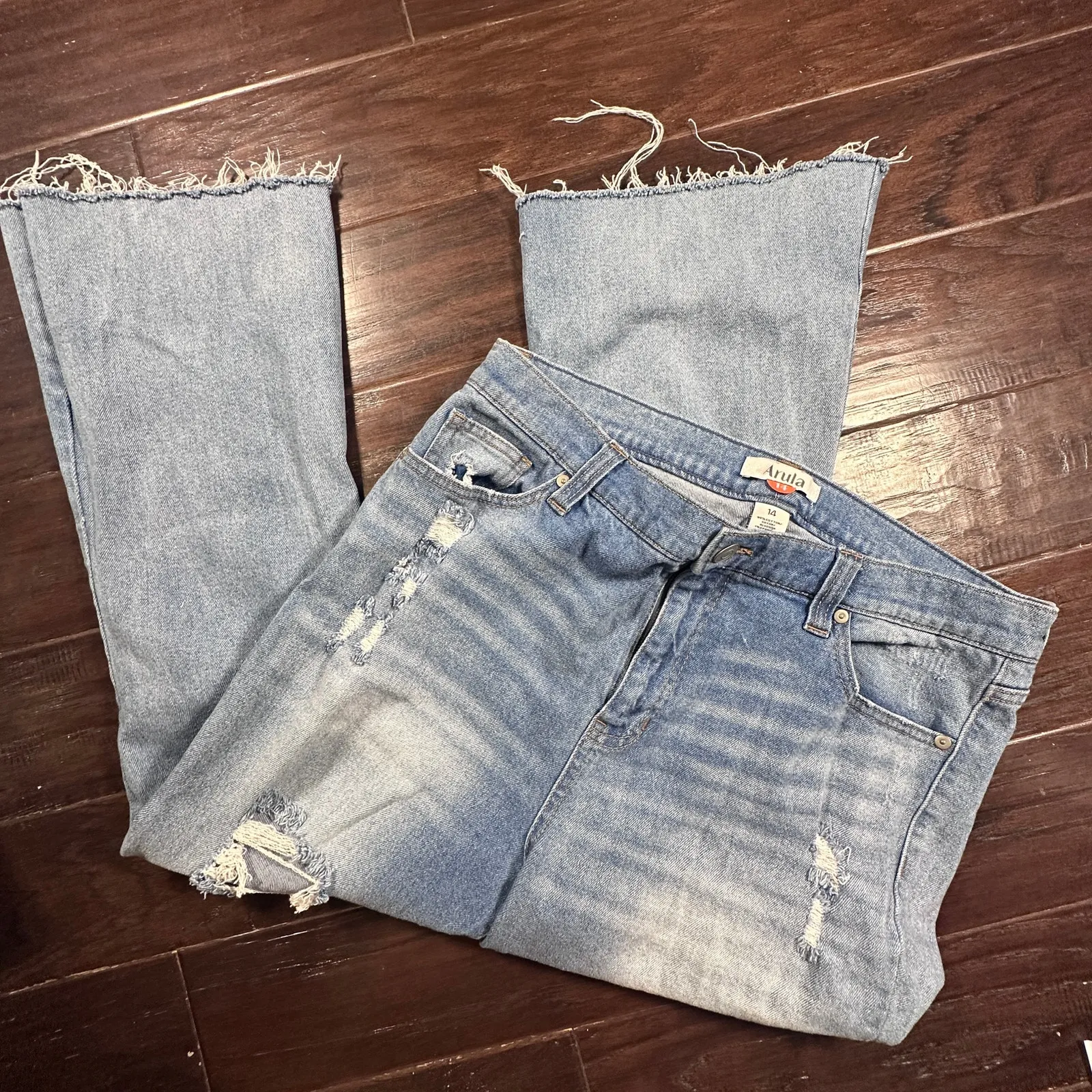 Arula (Altar’d State) Flared leg raw hem distressed denim jeans size 14 Blue - Image 3