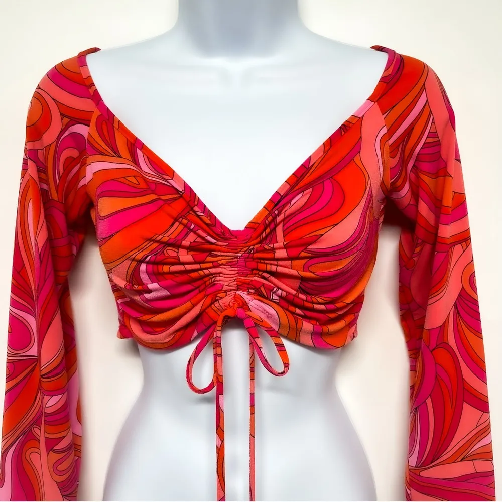 Vibrant Psychedelic Y2K 2000s Drawstring Tie Crop Top Long Sleeve Medium - Image 3