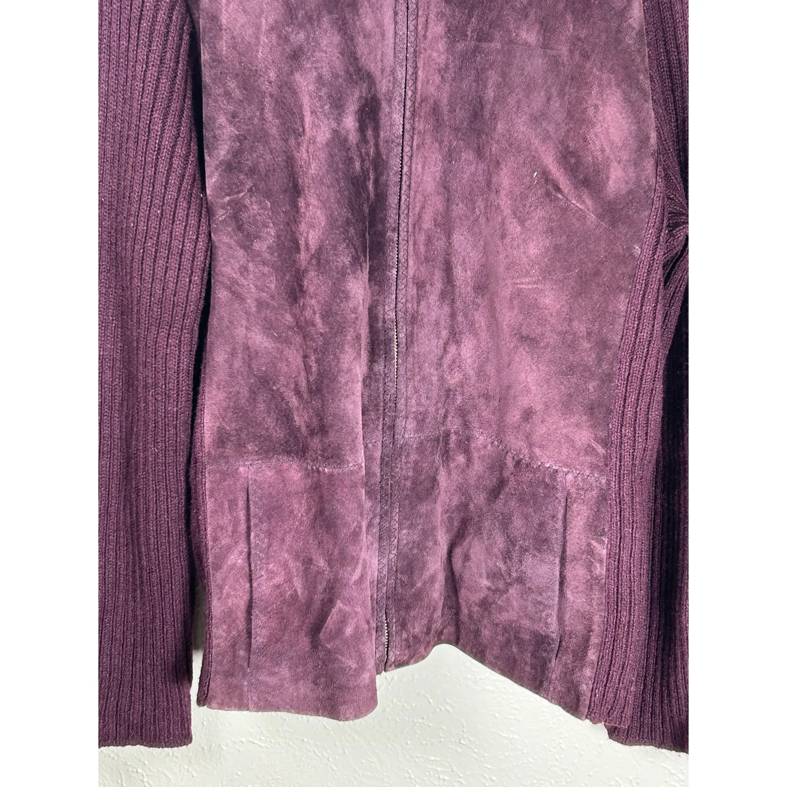 Emma James Suede Jacket Size Large Full Zip Wool Knit Maroon Coat Streetwear - Image 4