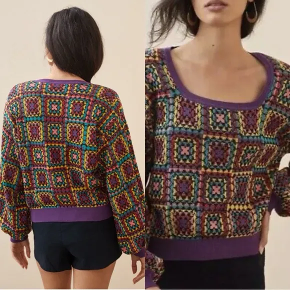 FARM RIO Pullover Multicolor Square Neck Crochet Sweater Sz S - Image 2