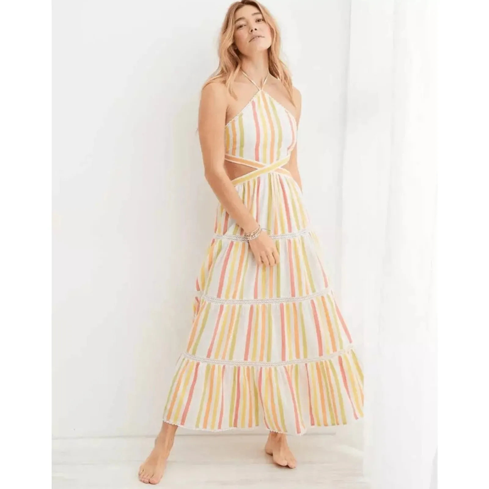 Aerie Striped Halter Maxi Dress Cutout Sides Smocked Back Tiered Summer Boho M - Image 3