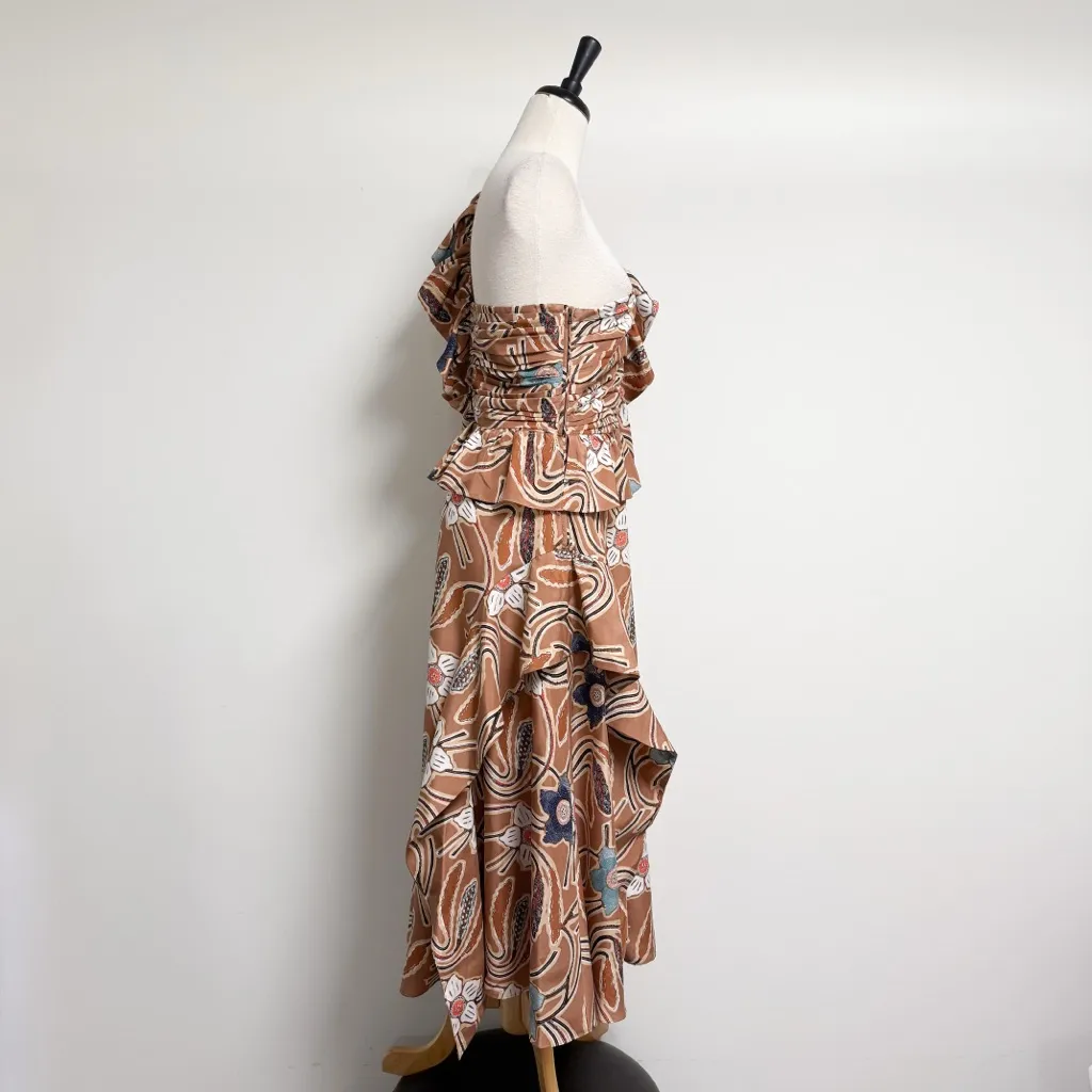 Ulla Johnson Copper Brown Ivory Floral Mariam One Shoulder Silk Midi Dress 12 - Image 7