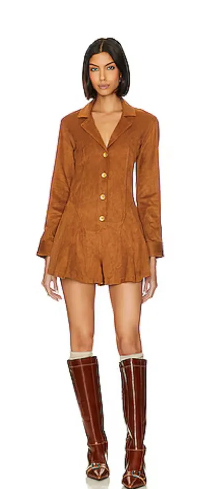 Free People Revolve Wanderlaust Faux Suede Shortall Romper Almond Ash Size Large - Image 1