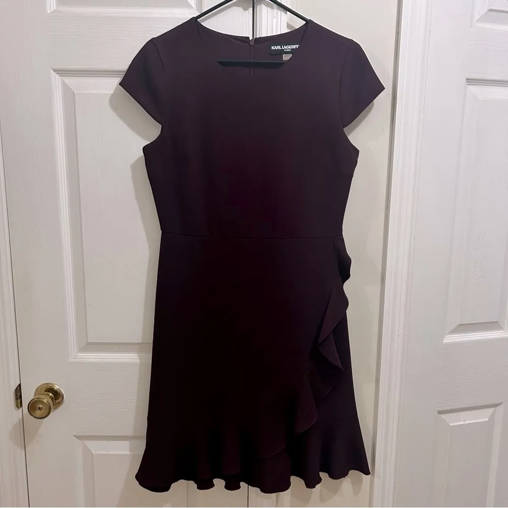 Karl Lagerfeld Eggplant Purple Ruffled Cap Sleeve Tiered Mini Dress Size 6 - Image 2