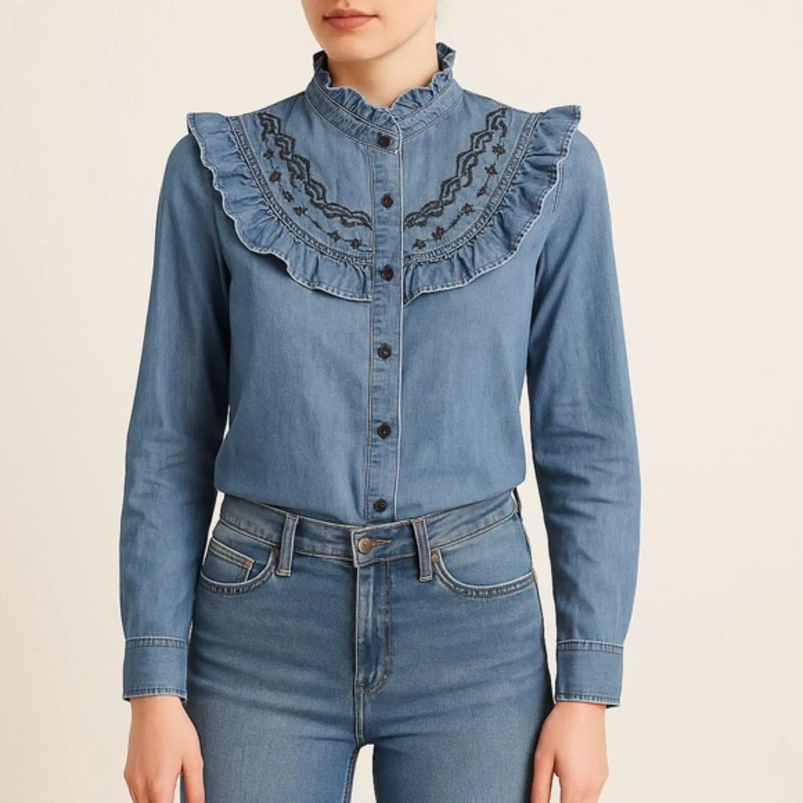 Paris Atelier & Other Stories Embroidered Western Denim Boho Shirt Womens Size 4 - Image 12
