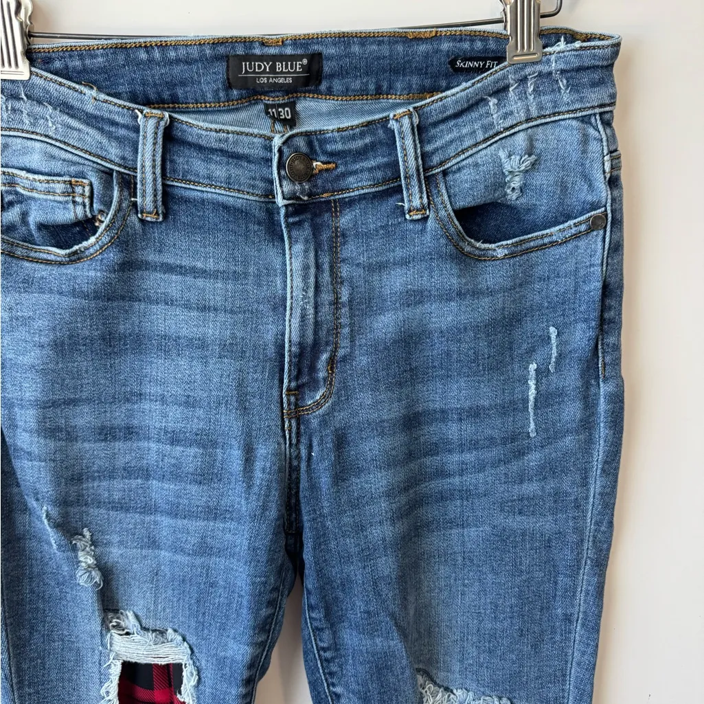 Judy Blue Red Buffalo Plaid Patch Distressed Skinny Fit Jeans Size 11\30 - Image 7