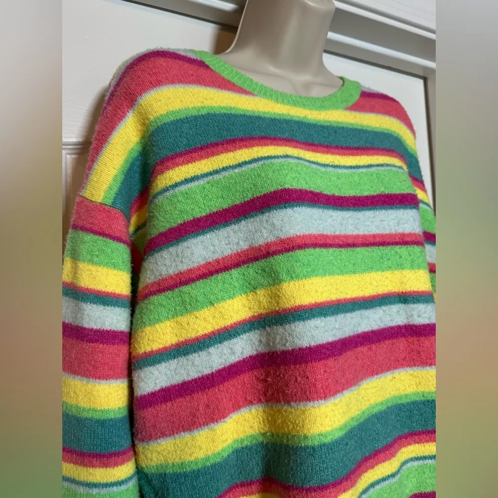 Crayola Colorful Striped Women’s Knit Fuzzy Oversized Crewneck Sweater Size M Pink Size M - Image 2