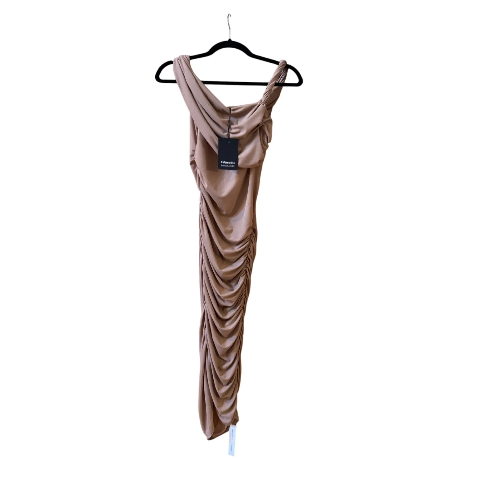 Reformation x Laura Harrier Alycia ruched knitted midi dress PRALINE-S (new) - Image 7