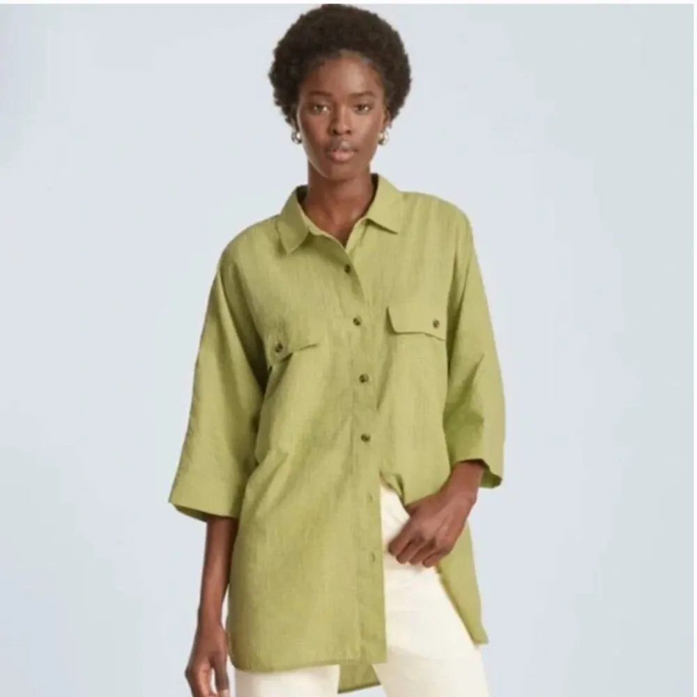 Everlane Sz XS The Cotton Tourist Shirt Oversized Button Down Green Short Sleeve - Image 2
