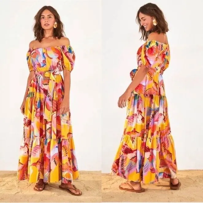 FARM Rio Neon Macaws Puff Sleeve Belted Cotton Maxi Dress - Image 3