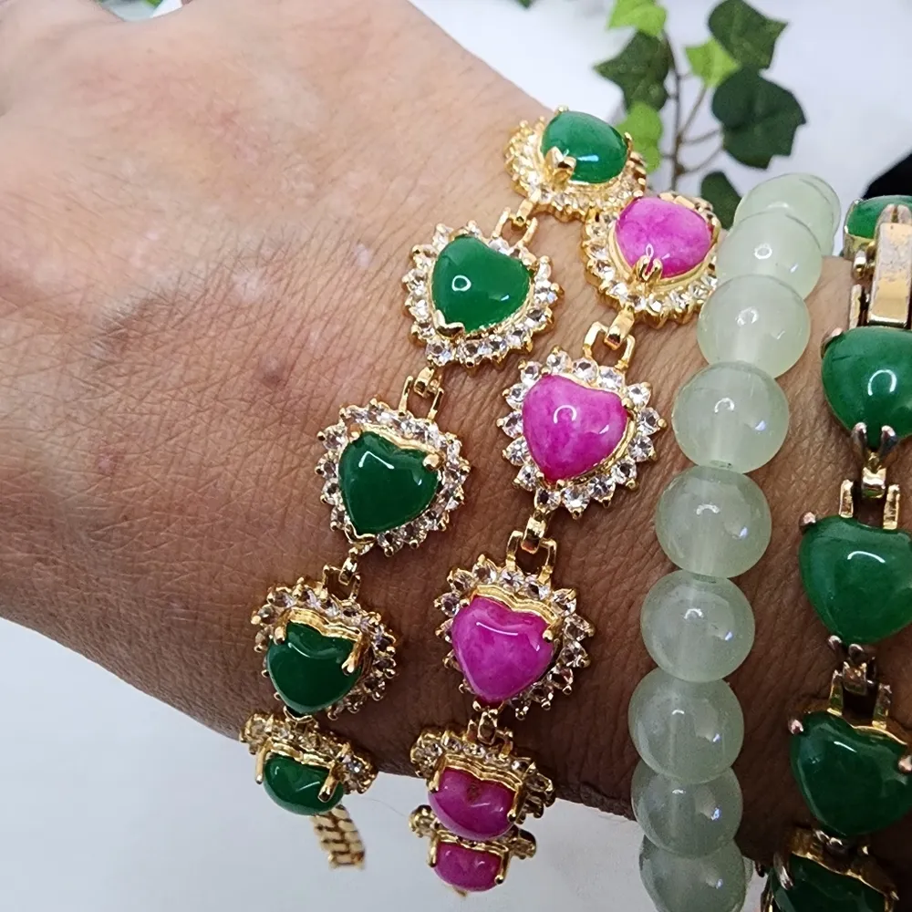 Gold with Pink Jade Hearts Bracelet - Image 5