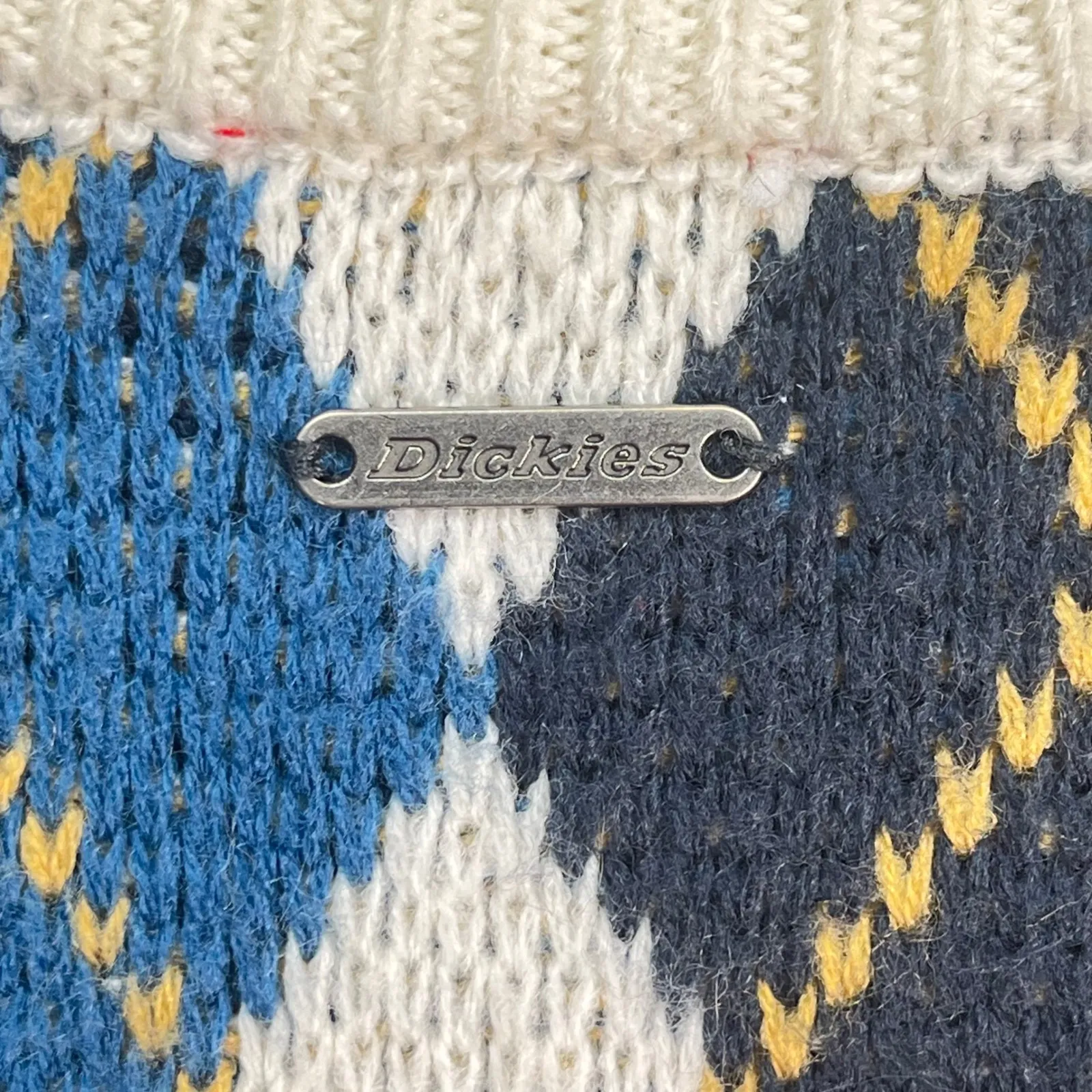 Dickies Juniors Argyle Sweater Vest Blue White Yellow Preppy Knit Pullover Large - Image 3