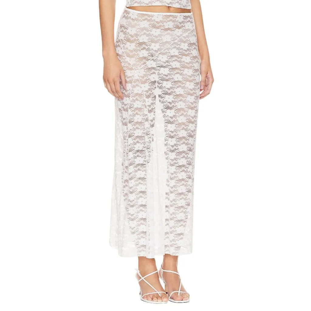 MAJORELLE Alexa Sheer Midi Skirt in White Medium Lace Floral - Image 3