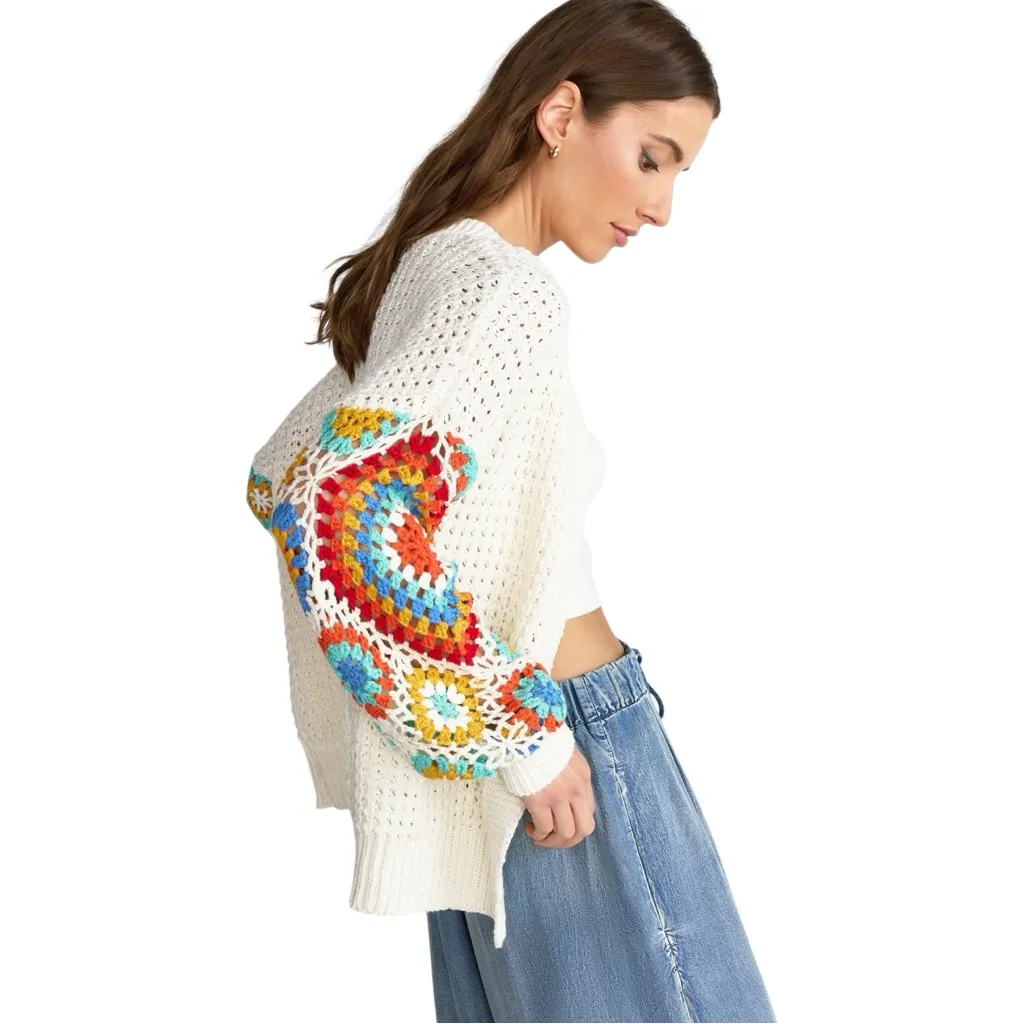 Dreamers by Debut Crochet Square Cardigan Ivory Boho Granny Knit Sweater M/L White Size L - Image 2