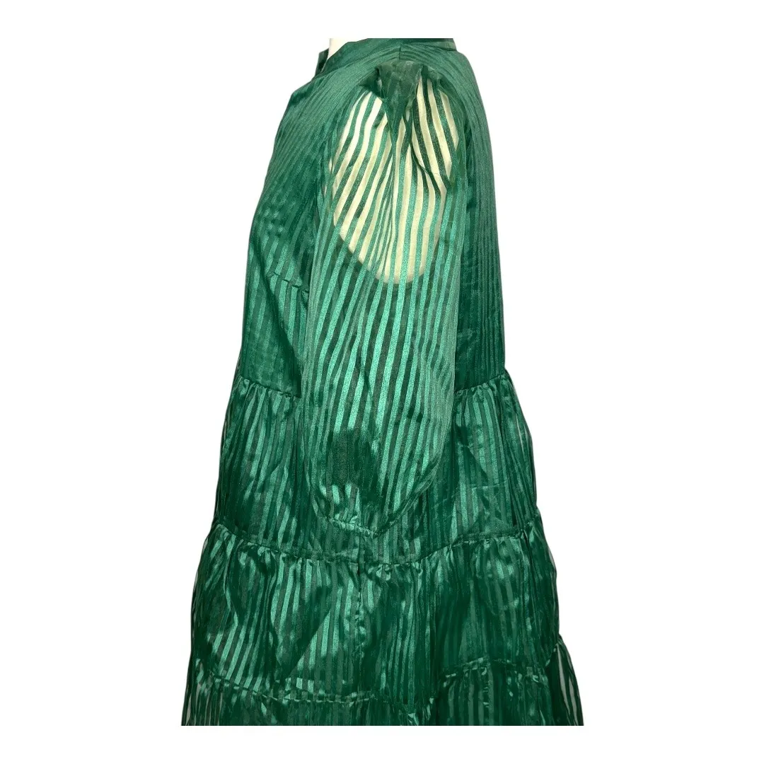 Crown & Ivy Shadow Stripe Tiered Mini Dress‎ Sheer Sleeve Party Green Size Large - Image 11