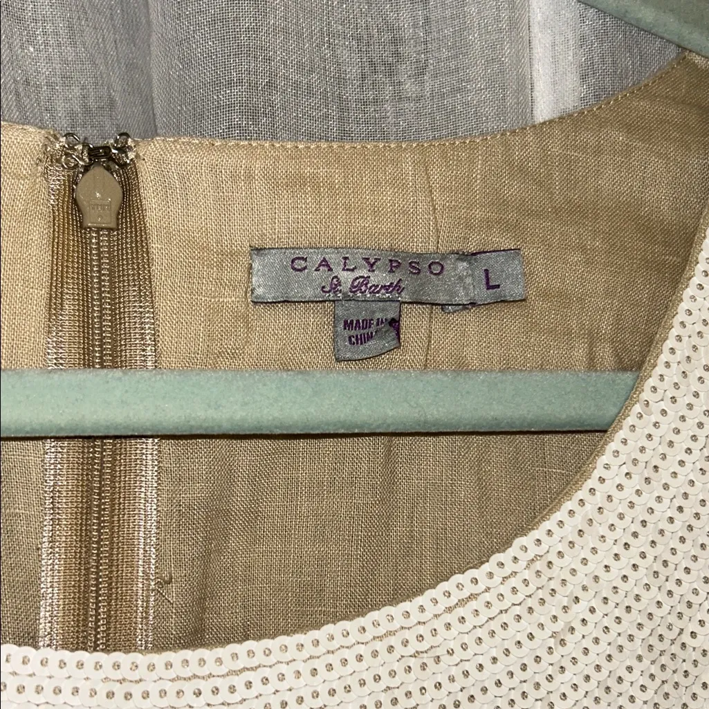 Calypso St. Barth Size L Beige Linen Dress with Sequined Neckline - Image 6