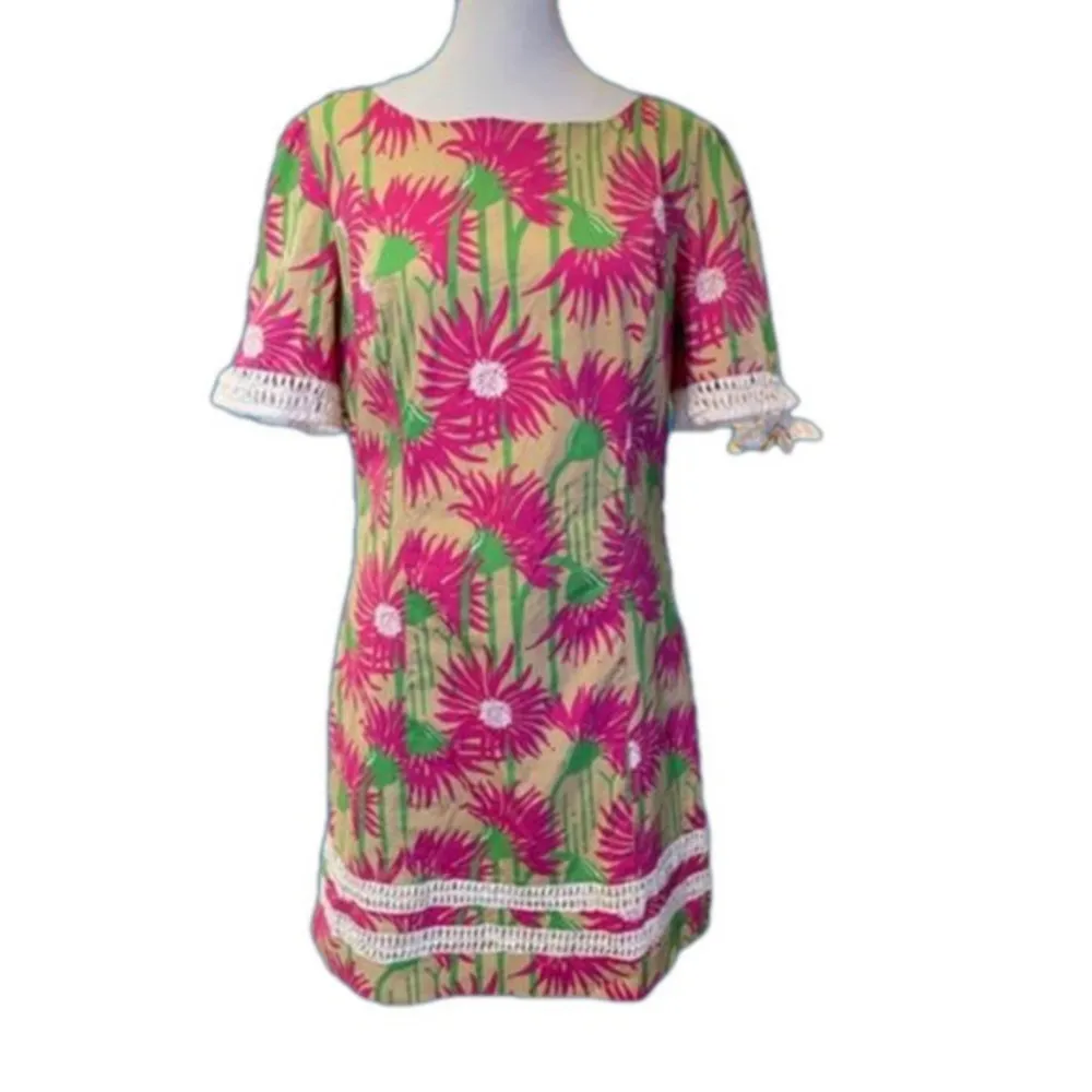 LILLY PULITZER Fiesta Beige Magenta Lime Floral Stretch Cotton Dress Size 4 - Image 2