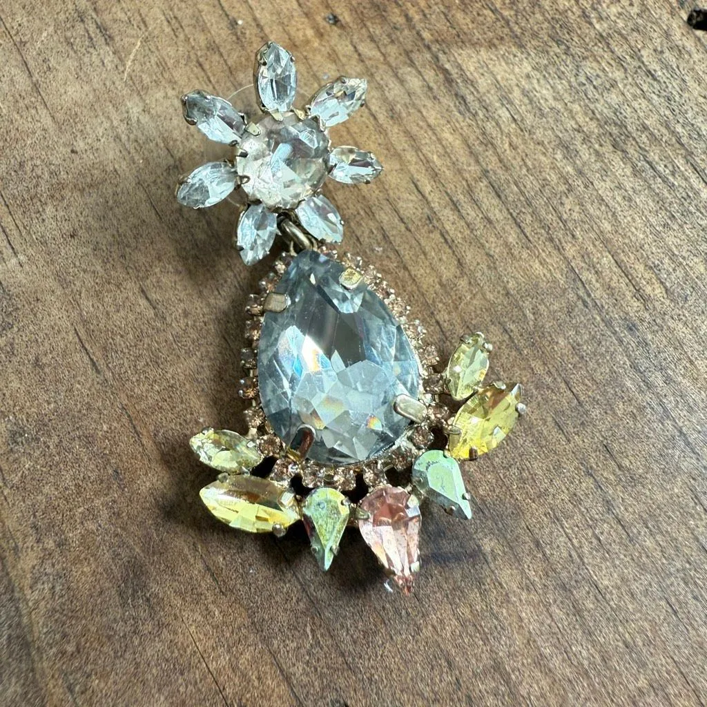 Rhinestone Statement Drop Pierced Earrings Champagne Grey Canary Yellow Silver - Image 2