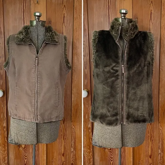 Tribal Reversible Faux Fur & Denim Vest in Chocolate Brown - Image 2