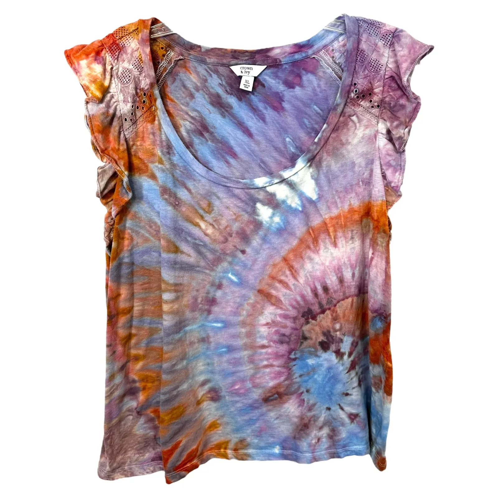 Crown &‎ Ivy XL Top Handmade Tie Dye Flutter Sleeve Eyelet Purple Mauve 1737 - Image 2