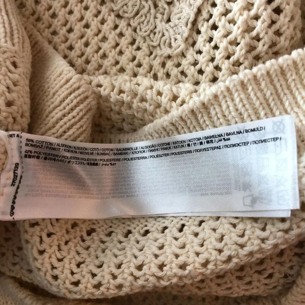 MNG Mango Womens Open Knit Sweater Boxy Floral Applique Beige Short Sleeve L - Image 4