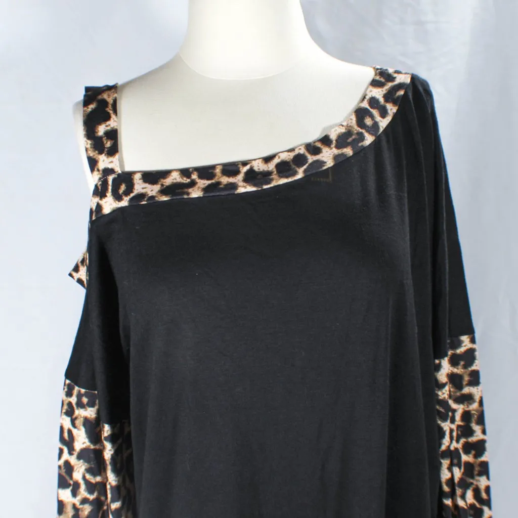 Leopard Animal Print One Shoulder Blouse Women's XL Chic Street Style Black - Image 3