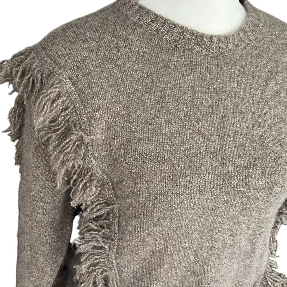 AQUA 100% 2-Ply Cashmere Fringe Crew Neck Sweater Size XS Taupe - Image 3