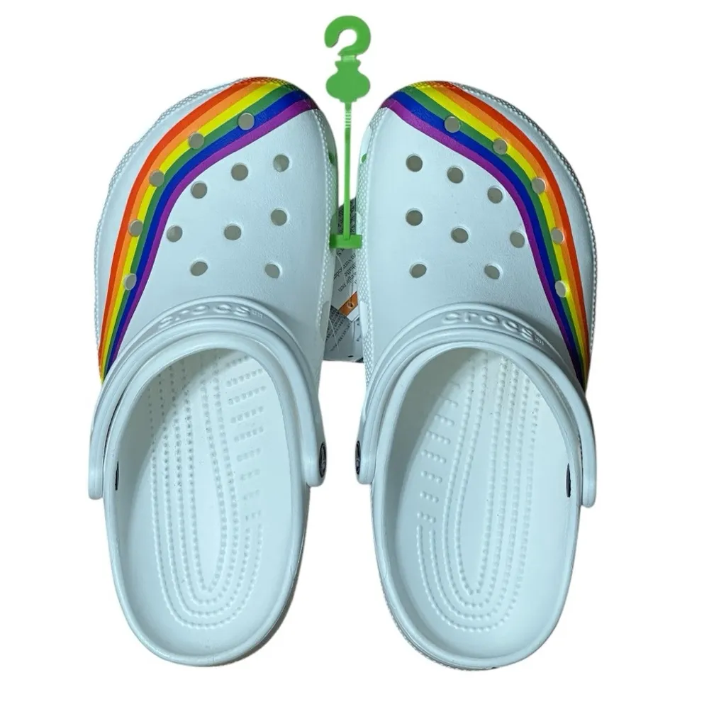 Crocs White Rainbow Pride Unisex Slip On Clogs Shoes NWT - Image 3