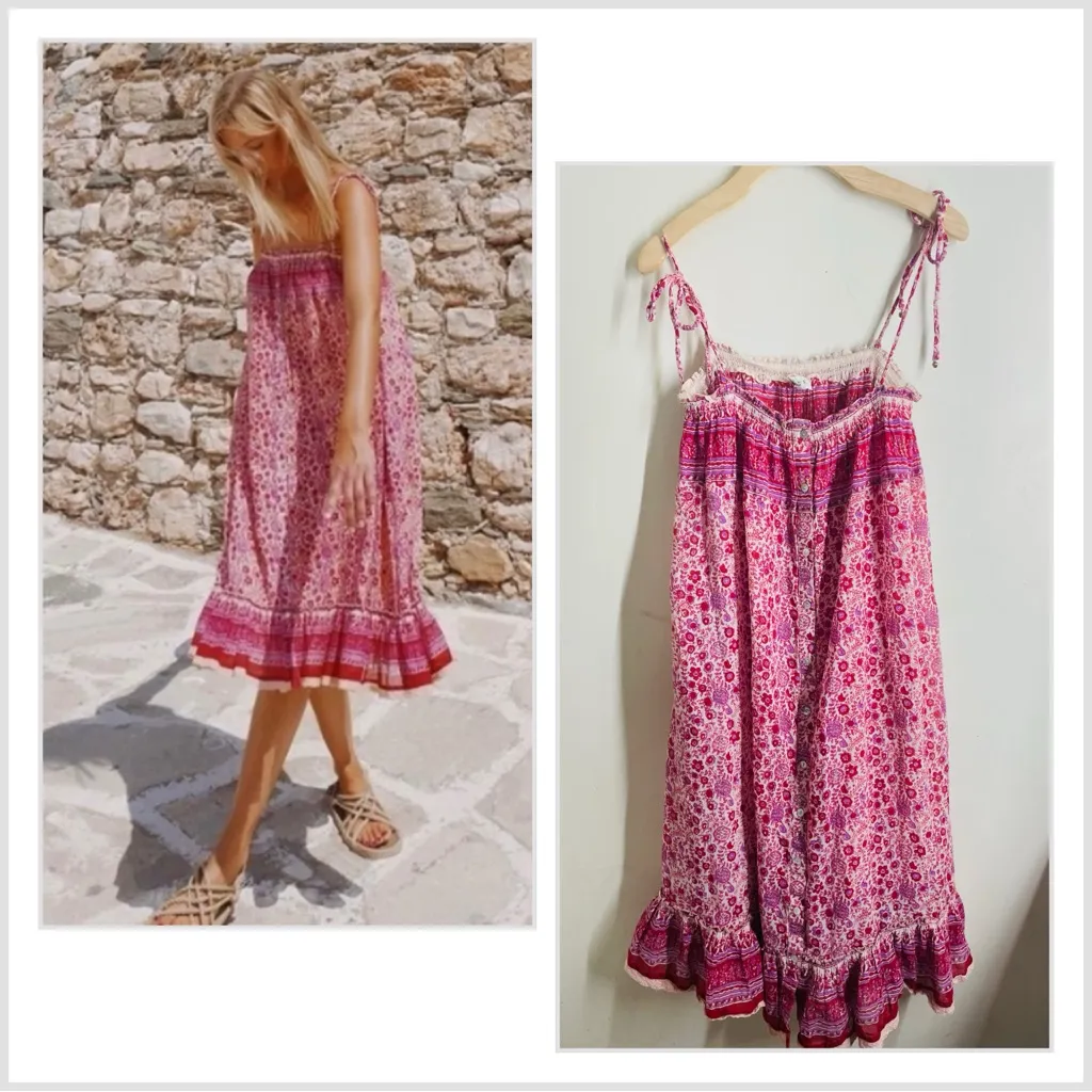 M.A.B.E Button Front Cotton Floral Smocked Midi Dress Pink Boho Tie Straps sz M Size M - Image 2