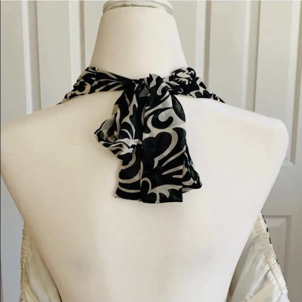 WHBM Halter Dress Black Cream Floral Sleeveless Silk Flowy Halter Dress Size 4 - Image 13