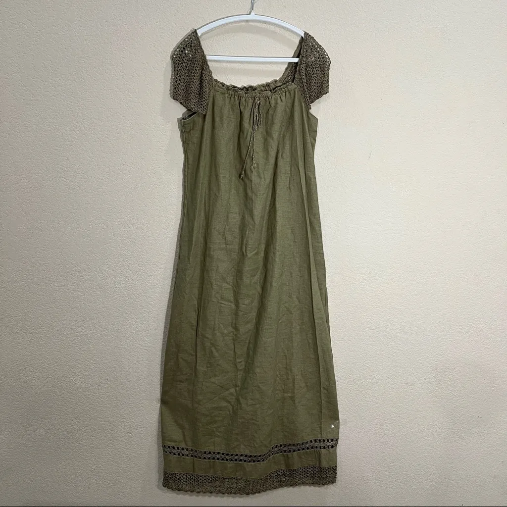 Saint Tropez West Carole Little Crochet Dress Linen Green Khaki Maxi SZ 6 Fairy - Image 3