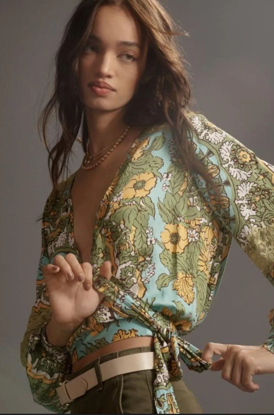 Anthropologie BNWT Tiny Long Sleeve Printed V Neck Lace Top - Image 2