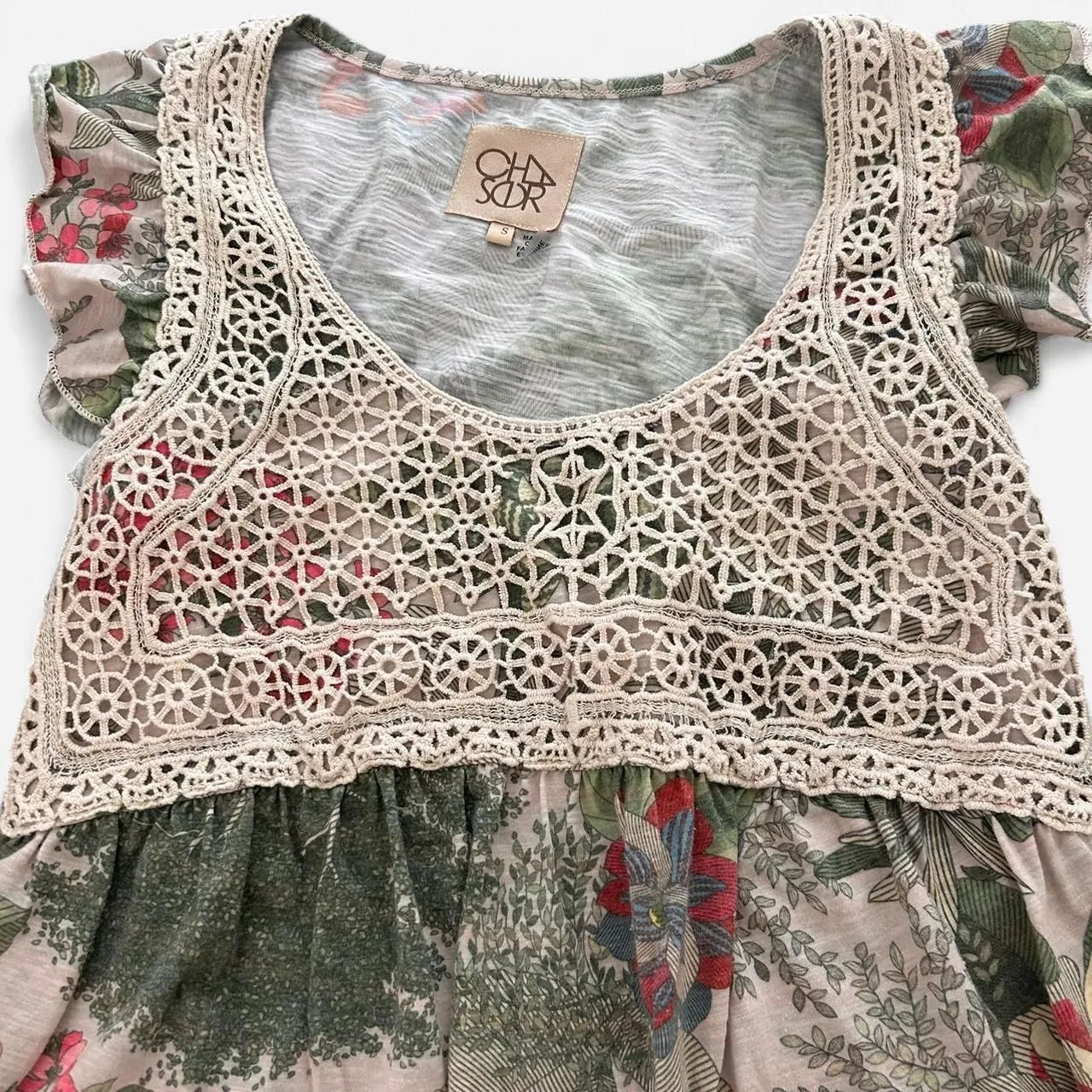 Chaser Boho Crochet layered Tropical Tee | Festival Hippie Mixed Media Top small - Image 2