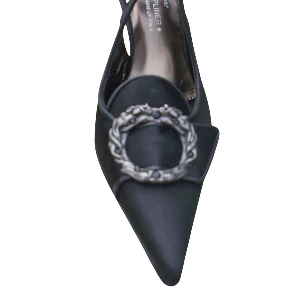 Donald Pliner Black Satin Leather Slingback Pump Shoe Rhinestone NWT $310 Size 6.5 - Image 3