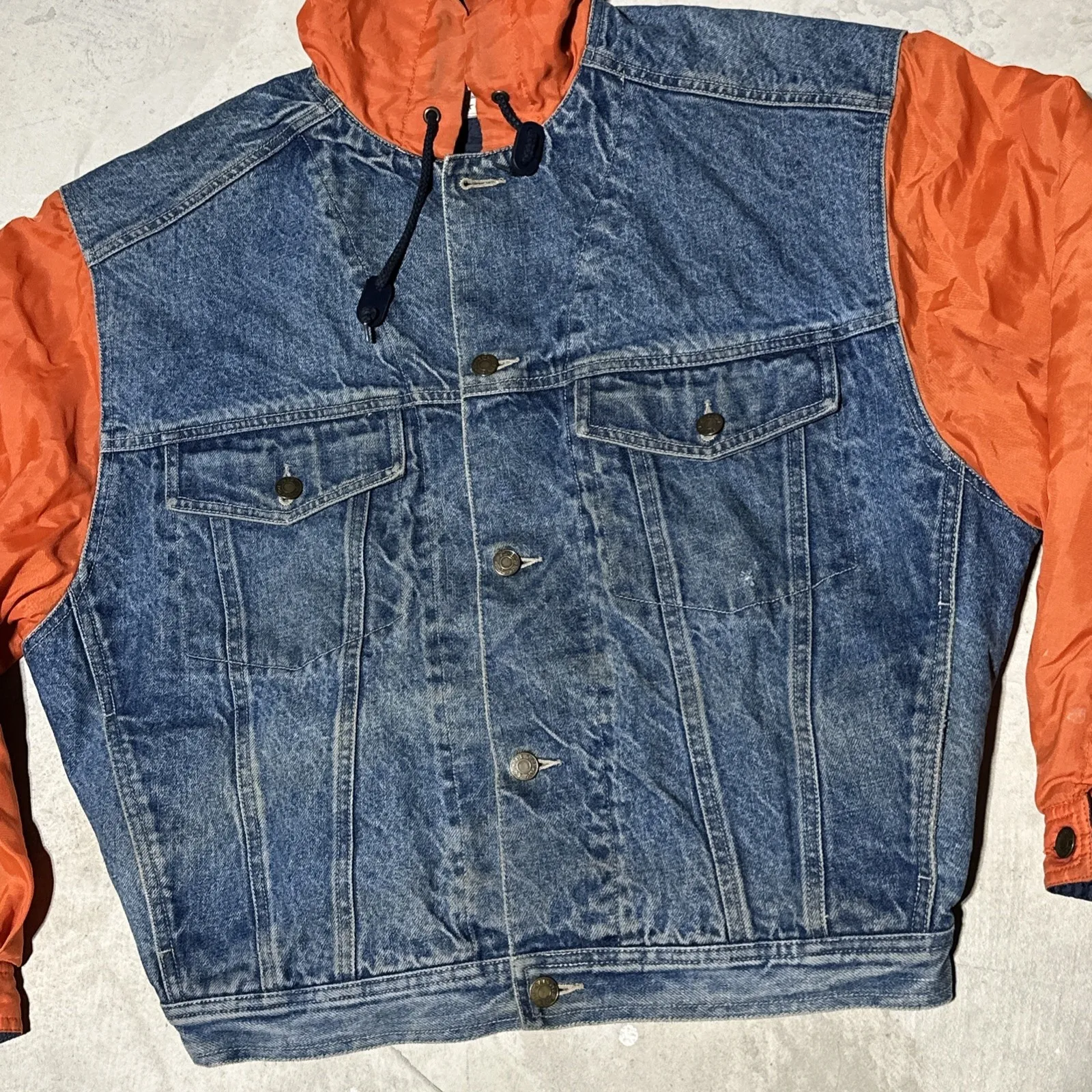 Vintage 90's The Gap Denim SZ Small Jean Jacket W/ Hood Orange Sleeves HipHop - Image 5