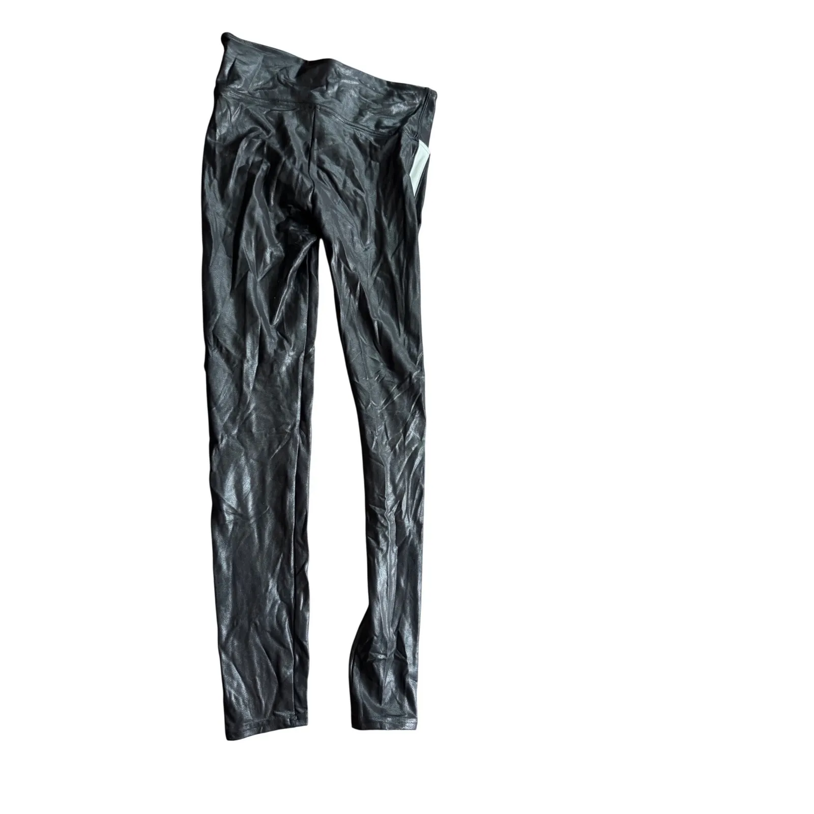 SPANX Black Faux Leather Leggings Women's S White Side Stripe Athleisure Moto - Image 2