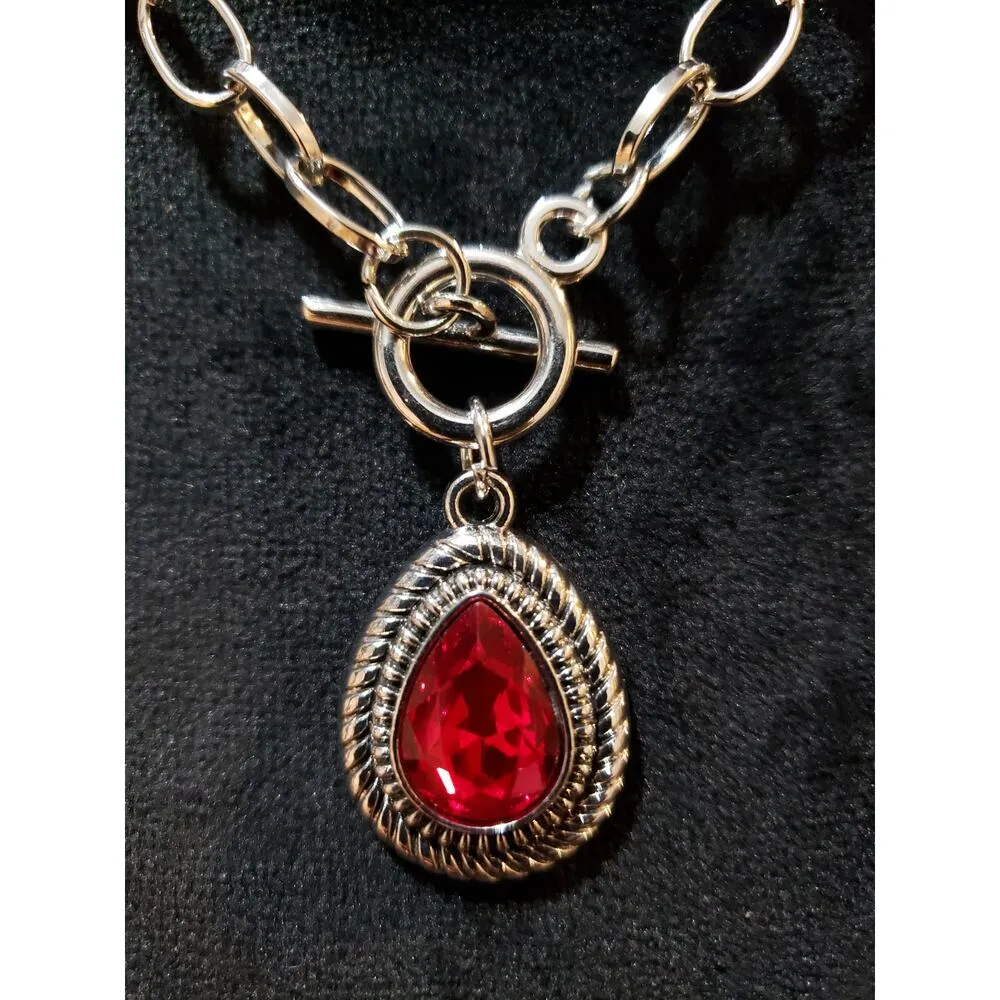 Womens Victorian Gold Tone Red Ruby Teardrop Pendant Necklace with Toggle Clasp - Image 6