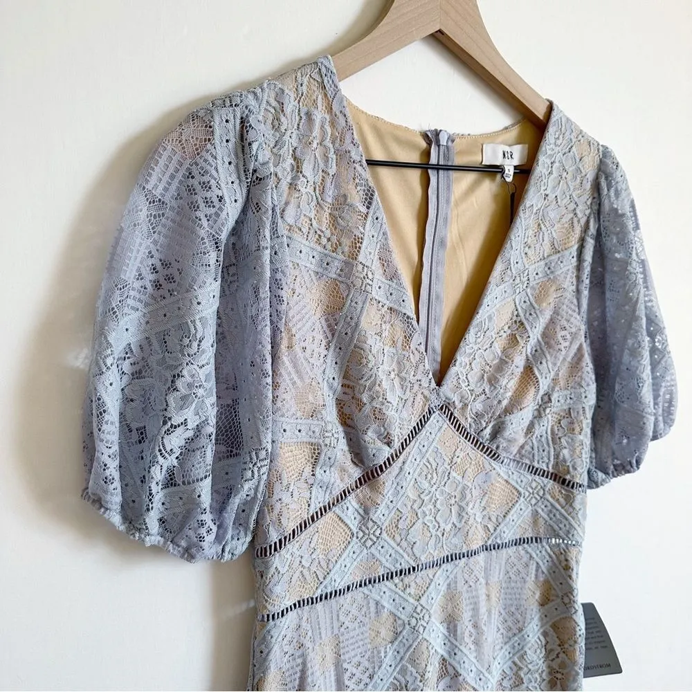 NSR Short Puff Sleeve Knit Lace Overlay Midi Dress Light Blue Cream Size S - Image 6