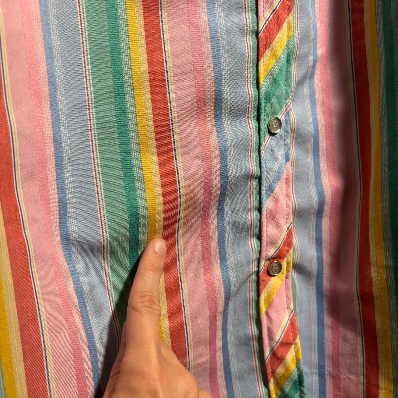 VTG Rainbow Stripe Snap Button Midi Shirt Dress Puff Sleeves Model Coat Pastel L Pink Size L - Image 5