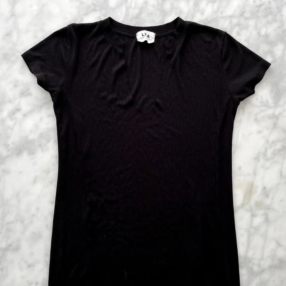 LNA Easy Rib Midi Cap Sleeve Dress Black XS Split Front V-Neck Rayon Spandex - Image 5