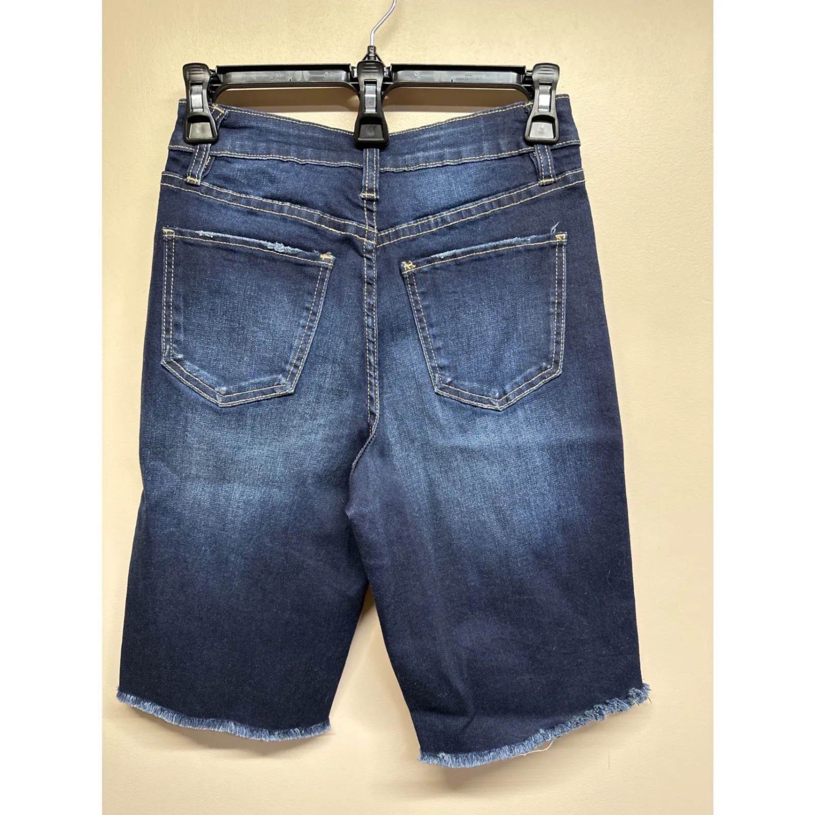 YMI Womens High Rise Bermuda Denim Shorts Distressed Frayed Hem Dark Wash Size 1 - Image 3