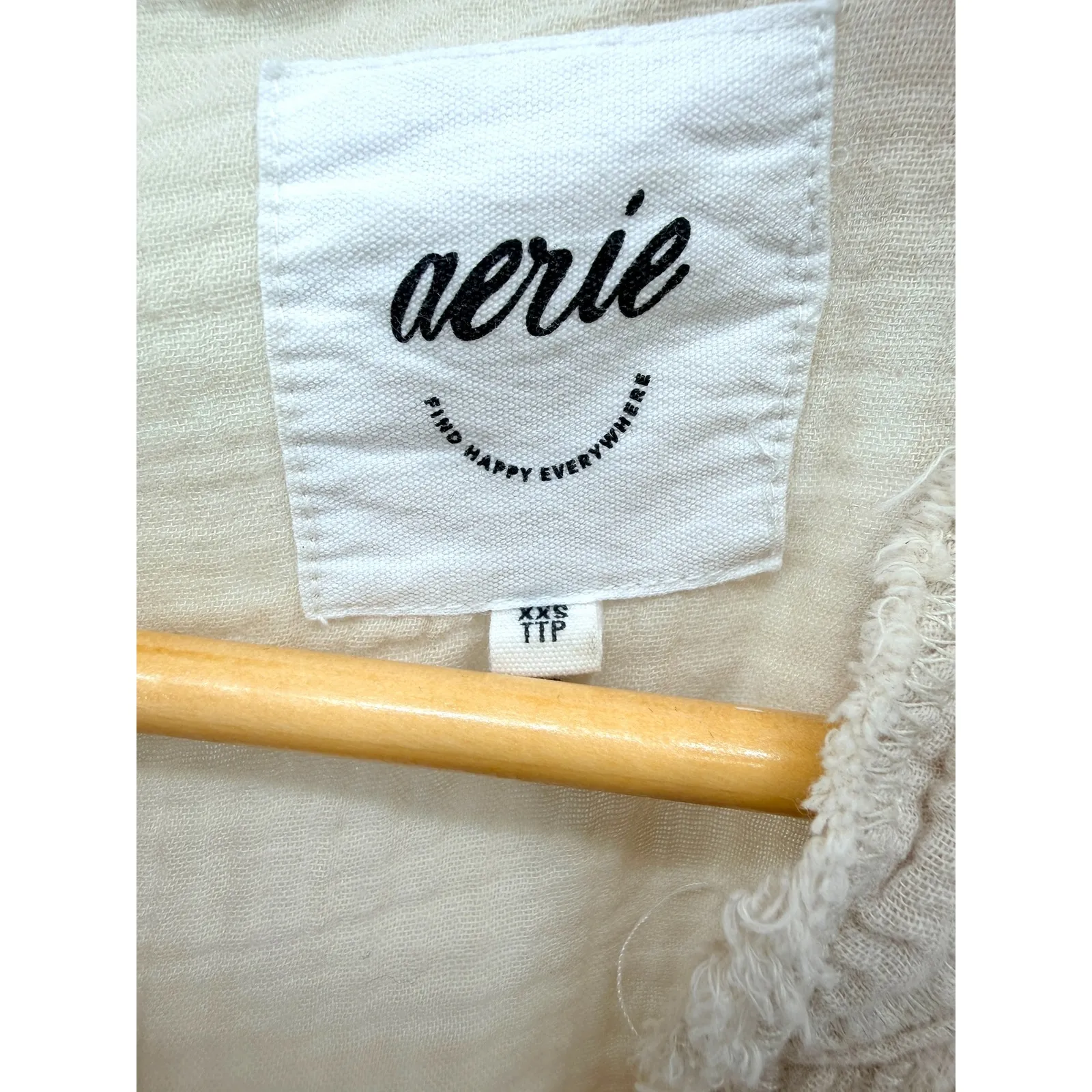 Aerie Gauze Button Up Shirt Beige Frayed Collar Long Sleeve Casual Oversized XXS - Image 3